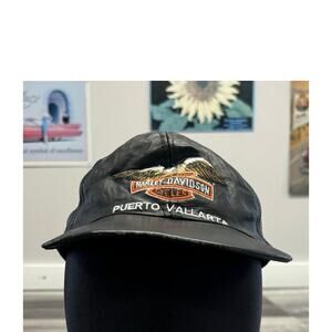 Vintage Harley Davidson Black Puerto Vallarta Leather Adjustable‎ Biker Hat Cap